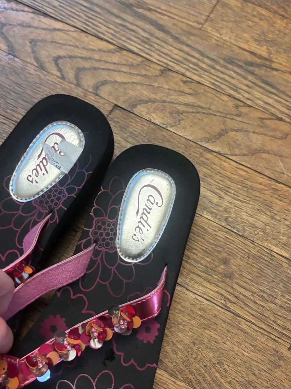 Candie's Black Sandals with Pink Floral Footbed and Beaded Pink Straps